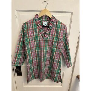 Haley And The Hound Women's Pink Green Plaid Tunic Ruffle‎ 100% Cotton Size M